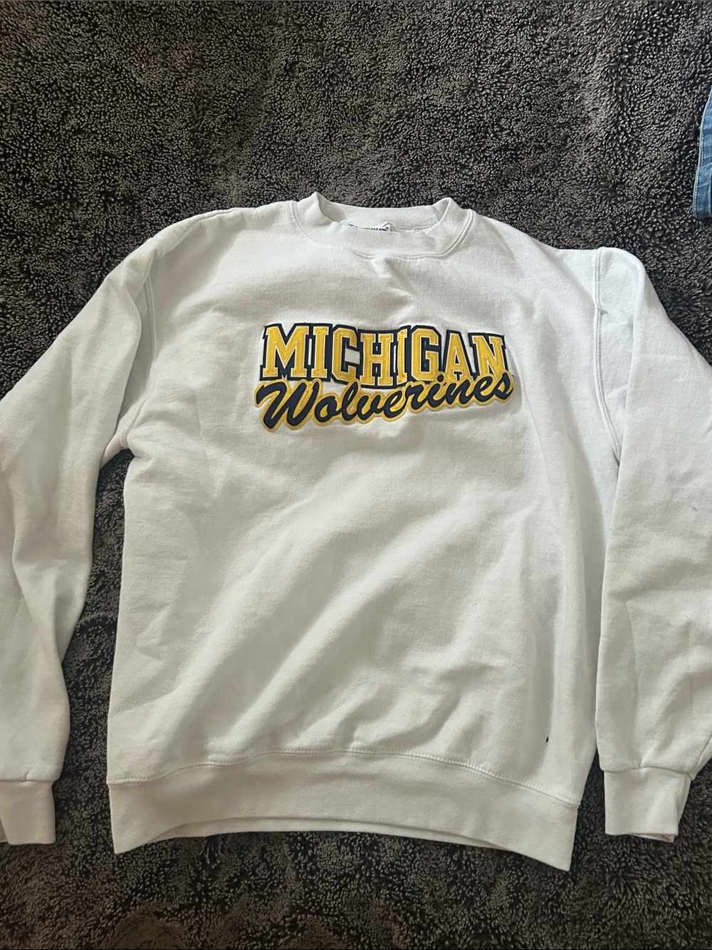 Champion White Crewneck Sweatshirt with Yellow and Navy Michigan Script
